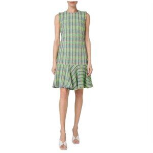 Akris Punto Fringed Tweed Sheath Dress Womens 12 Green Pink Crew Neck Sleeveless